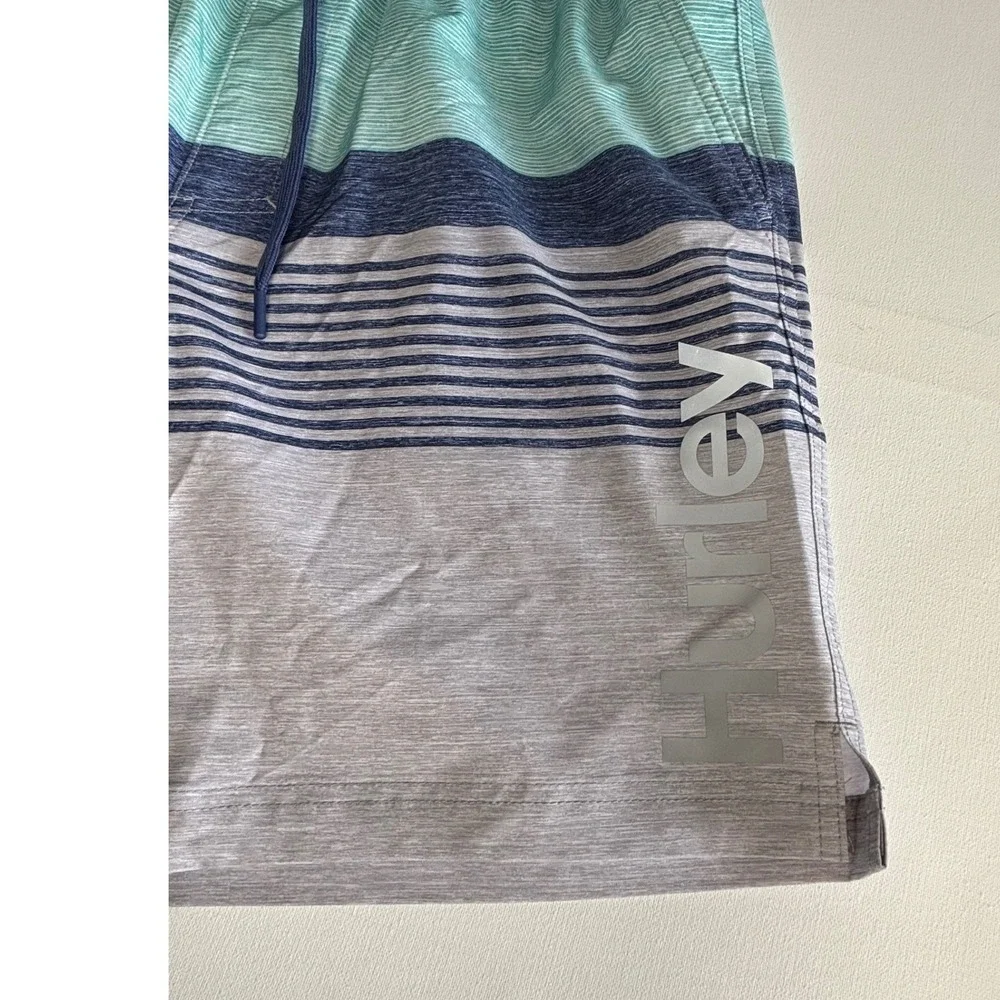 Hurley Mens‎ XL Board Shorts Striped Teal Grey Swim Trunks Mesh Liner Drawstring